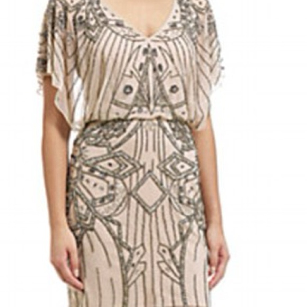 Aidan Mattox Beaded & Sequined Cocktail Dress with Flutter Sleeves Sz 6
